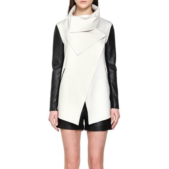 NWT$750 Mackage Shea Vane Draped Wrap Leather-Sleeve Wool Coat Jacket - Picture 4 of 16